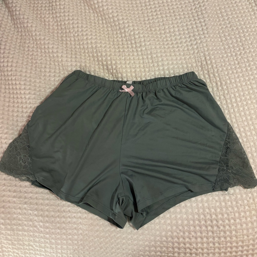coquette green pajama shorts with pink bow and lace